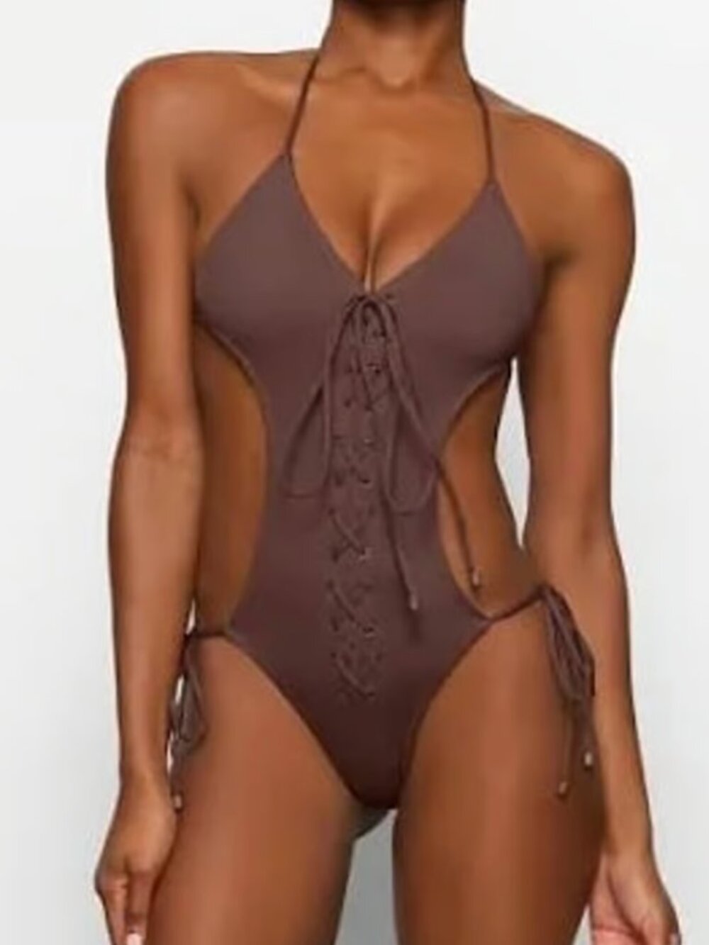 Skims Recycled Swim Lace Up String Monokini 4X Rich Cocoa Brown OP-BRF-2794 NEW